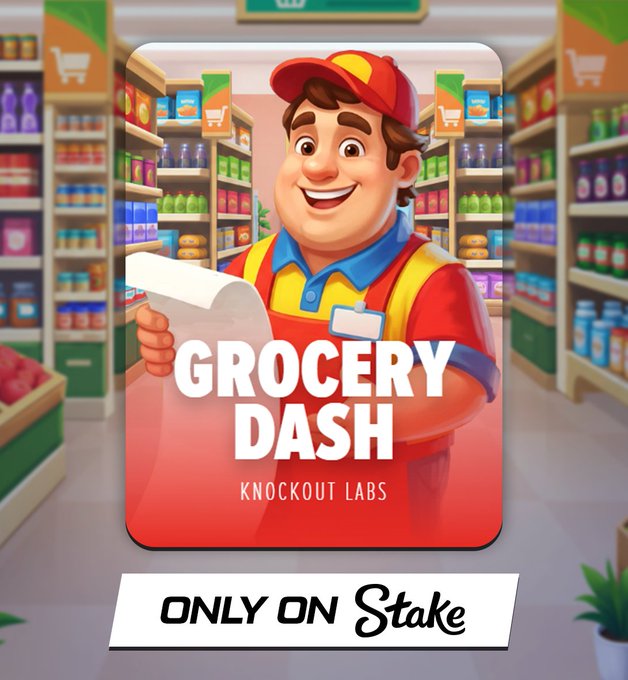 A cartoon grocery store worker smiles while holding a shopping list in promotional art for "Grocery Dash" by Knockout Labs, available exclusively on Stake.