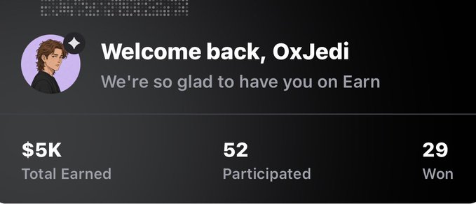 A dashboard greeting "0xJedi" on SuperteamEarn displays $5K Total Earned, 52 Participated, and 29 Won bounties, with the post celebrating the user's 29th bounty win coinciding with their 29th birthday.