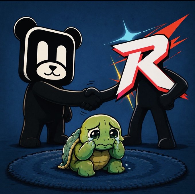 A cartoon illustration shows a sad, crying turtle (representing Shellmates holders affected by a rug) standing beneath two large mascot figures—a black bear labeled "K" and a black figure labeled "R" (for Racerz)—shaking hands above it, symbolizing the Kabu x Racerz collaboration offering consolation NFTs to affected holders.