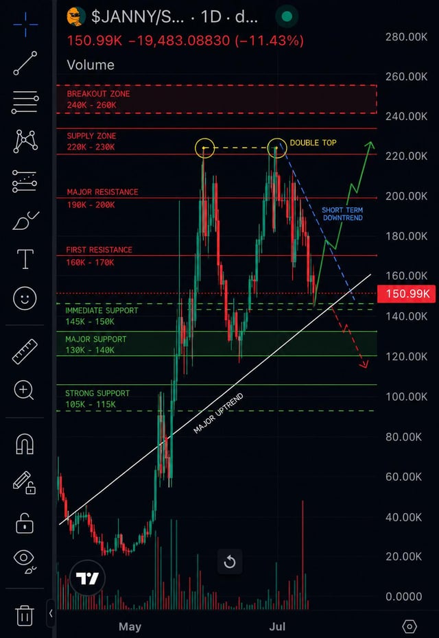 A TradingView chart for $JANNY/S... on a 1D timeframe showing a current price of 150.99K with an 11.43% decline, featuring technical annotations including a breakout zone (240K-260K), supply zone, double top pattern, short-term downtrend, major uptrend line, and various support and resistance levels.
