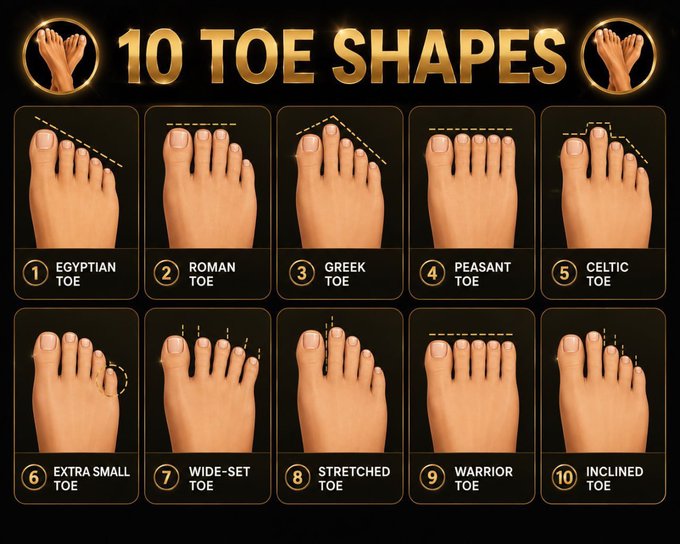 The image features a post with twelve illustrations of different types of toes, each with their own shape and size. The title at the top reads "10 toe shapes", followed by an explanation of the various toe shapes. Below these, there are illustrations of wide-set toenails and stretched toenails, providing additional information about these specific toe shapes. The post also has a caption that connects to one of the images, likely to provide more detail or context related to the toes depicted in the post.