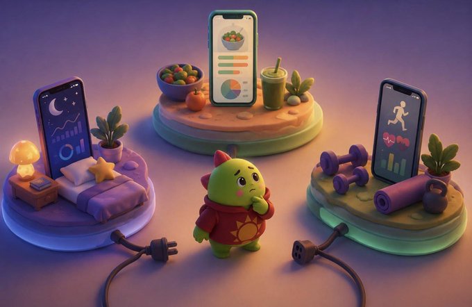 A 3D illustration of a small green character pondering among three glowing platforms that display smartphones showing sleep tracking, nutrition, and exercise apps, connected by power cables.