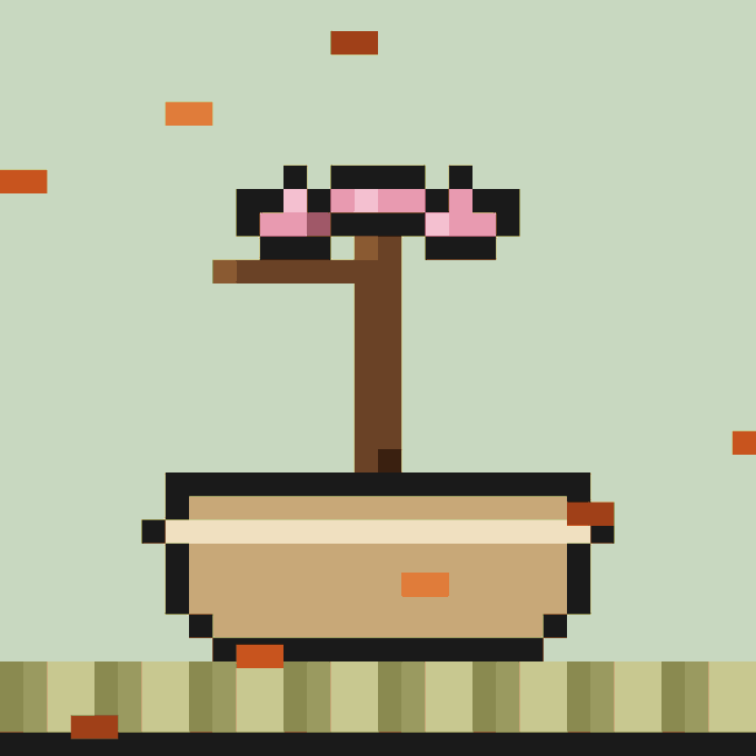 A pixel art illustration of a pink flower in a tan pot on a striped surface with floating orange petals against a pale green background.