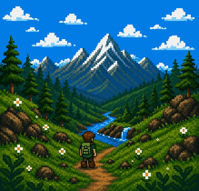 A pixel art scene shows a hiker with a backpack standing on a dirt path overlooking a serene valley with a winding river, a small waterfall, evergreen trees, scattered boulders, white flowers, and snow-capped mountains under a blue cloudy sky—evoking a sense of adventure and exploration that metaphorically aligns with the journey of participating in a time-limited "20x GTD" giveaway drop for @theinventorynft by filling out a form within 24 hours.