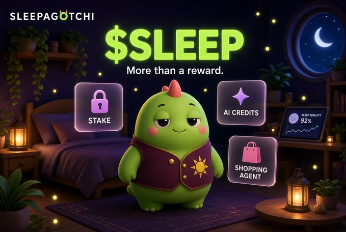 A promotional graphic for 'SLEEPAGOTCHI' featuring a green mascot character in a bedroom setting, with the tagline '$SLEEP - More than a reward' and icons for Stake, AI Credits, and Shopping Agent.