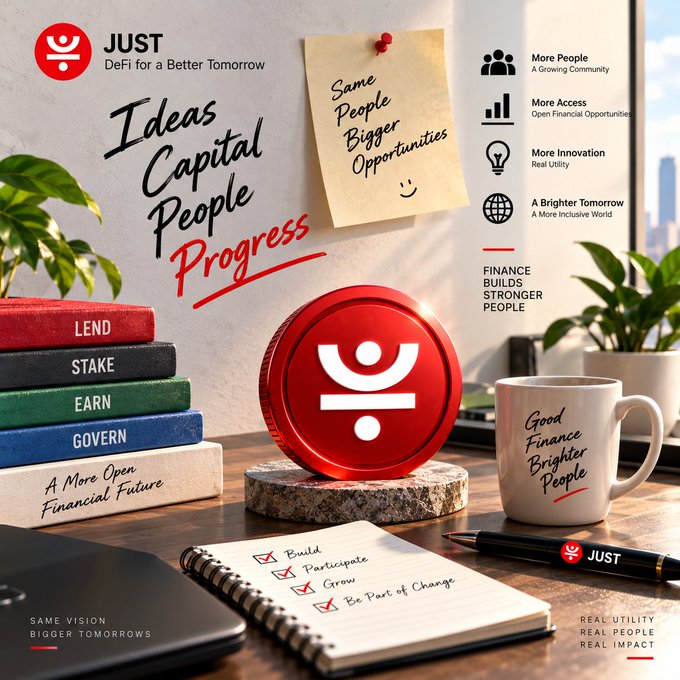 A promotional graphic for 'JUST' DeFi with the tagline 'Ideas Capital People Progress' and a red coin featuring the JUST logo on a desk alongside stacked books labeled 'LEND, STAKE, EARN, GOVERN.'