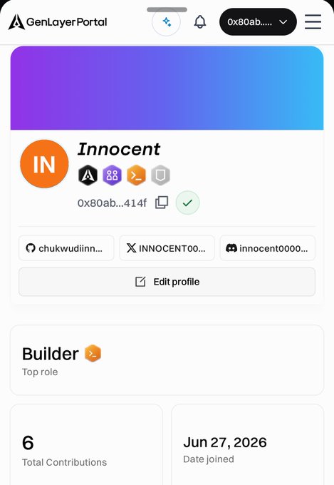 A screenshot of a GenLayer Portal profile page for a user named 'Innocent' with username 'chukuwudinn...', wallet address '0x80ab...414f', 6 Total Contributions, joined Jun 27, 2026.