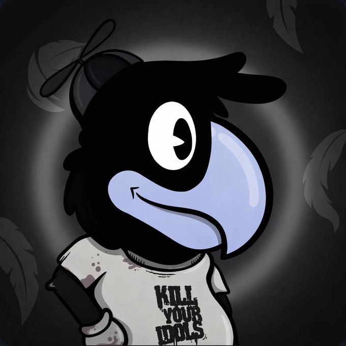 An illustration of a black crow-like character with a large blue beak wearing a white t-shirt that reads 'KILL YOUR IDOLS' against a dark gray background.