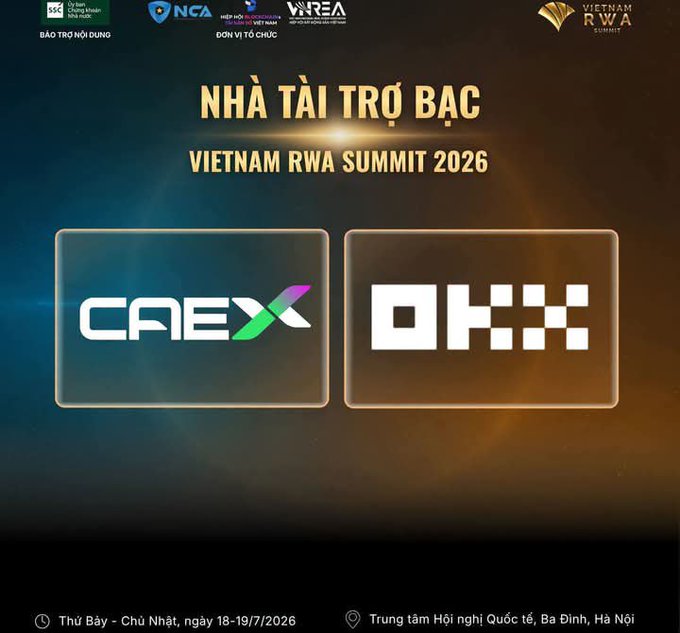 A promotional graphic for the 'Vietnam RWA Summit 2026' on July 18-19, 2026, at Ba Dinh, Hanoi, highlighting silver sponsors 'CAEX' and 'OKX' alongside organizer logos like NCA and WIReA.