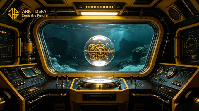 From the cockpit of a submersible, a complex clockwork mechanism is visible in a glass sphere underwater, representing ARK I DeFAI's promise to "Code the Future" with control systems. This scene visually connects to the post's theme of operating complex environments with precision.