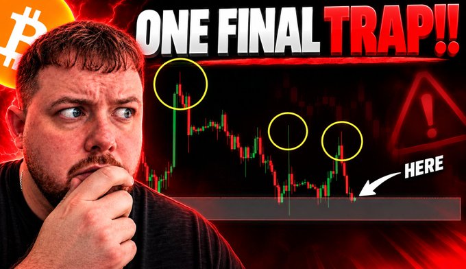 A man appears worried with his hand on his chin next to a Bitcoin candlestick chart highlighted with circles and the text "ONE FINAL TRAP!! HERE," matching the post's claim that "the trap is set" for Bitcoin.