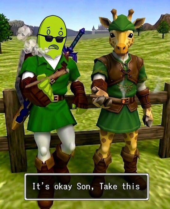 A video game screenshot shows two characters—one with a melon head wearing sunglasses and a green tunic, and another wearing a giraffe mask and leather armor—standing by a fence with a dialogue box reading, "It's okay Son, Take this".
