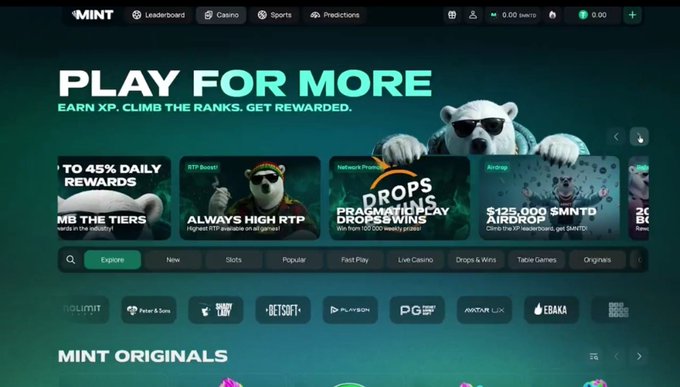 A screenshot of a gaming/casino website titled 'MINT' featuring a polar bear mascot with sunglasses and promotional banners for 'DROPS & WINS' and a $125,000 $MNTD Airdrop.