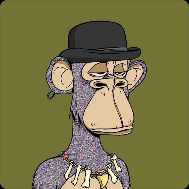 A bored, unimpressed cartoon ape wearing a black bowler hat and a bone necklace against an olive green background perfectly embodies the "Stay Bored" NFT community ethos, mirroring the post's commentary on stagnant Ethereum prices and the repetitive cycle of NFT sales within the Bored Ape Yacht Club market.