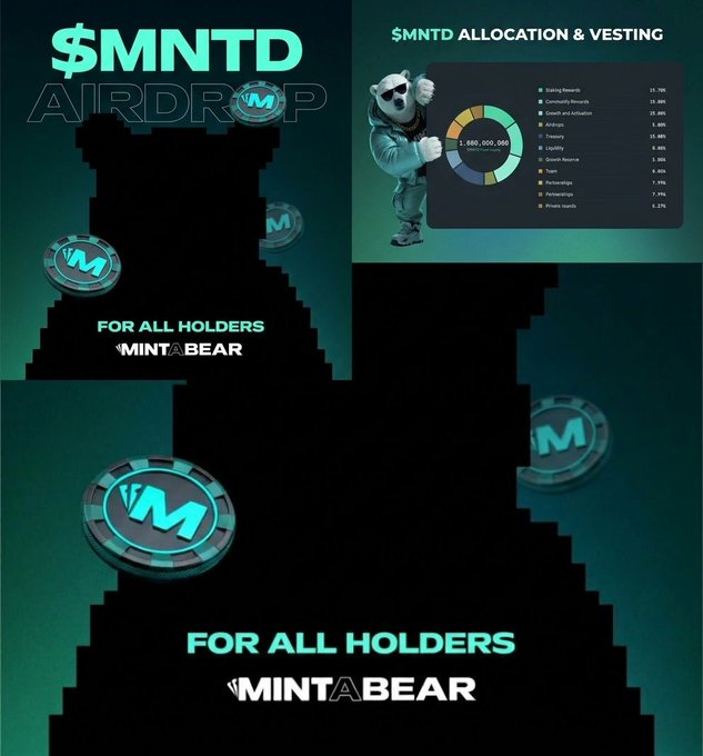 An advertisement for a '$MNTD AIRDROP' by MintABear displays token allocation percentages and a mascot bear character next to coin graphics.