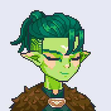 Pixel art portrait of a green-skinned elf-like character with teal hair tied up, wearing a brown fur-lined garment.