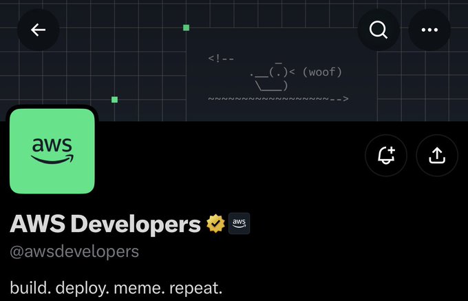 Twitter profile screenshot for AWS Developers (@awsdevelopers) with the tagline 'build. deploy. meme. repeat.' and an ASCII dog emoji.
