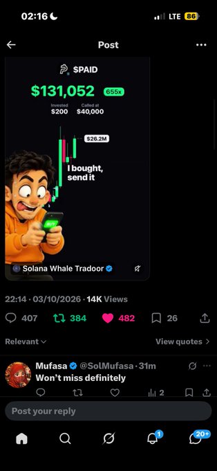 A Twitter post by Solana Whale Tradeor featuring a trading chart for ticker "$PAID" showing a 655x return and a value of $131,052, with overlaid text reading "I bought, send it".