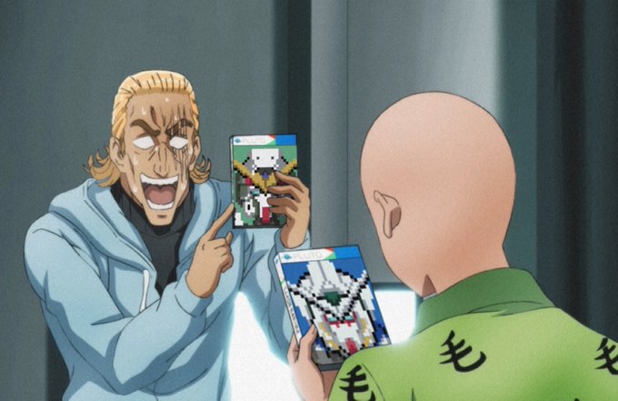 An anime scene shows a blonde character excitedly pointing at a pixel art image of a cow on a smartphone held by a bald character whose shirt has the character '毛' (mao).