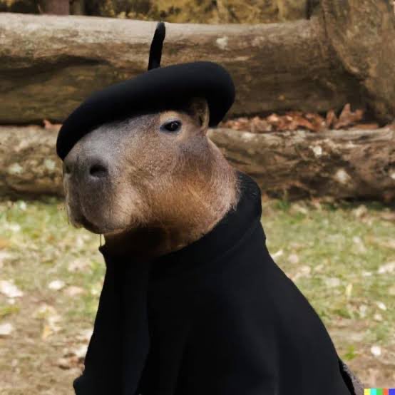 A humorous AI-generated image of a capybara wearing a black beret and black cape, resembling a stereotypical French artist.