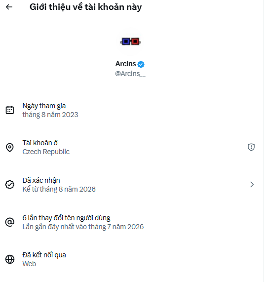 A profile information page in Vietnamese for a Twitter/X account named 'Arcins' (@Arcins__) based in Czech Republic, showing a join date of August 2023 and 6 username changes.