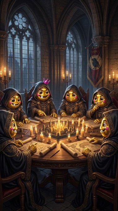 An illustration shows hooded figures with golden masks gathered around a candlelit table in a gothic hall, with scrolls and a map spread before them.