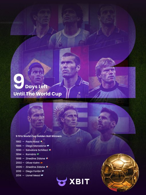 The image features a poster for the FIFA World Cup with a gold soccer ball at its center. The poster includes various images of soccer players from different countries, showcasing their achievements throughout the years. The text on the poster announces that "9 days left until the world cup" and mentions the names of some of the winning teams. The poster is displayed in an online space called app.xbit.com/whitelist, which is likely related to a social media platform or streaming service where users can access exclusive content from the FIFA World Cup event.