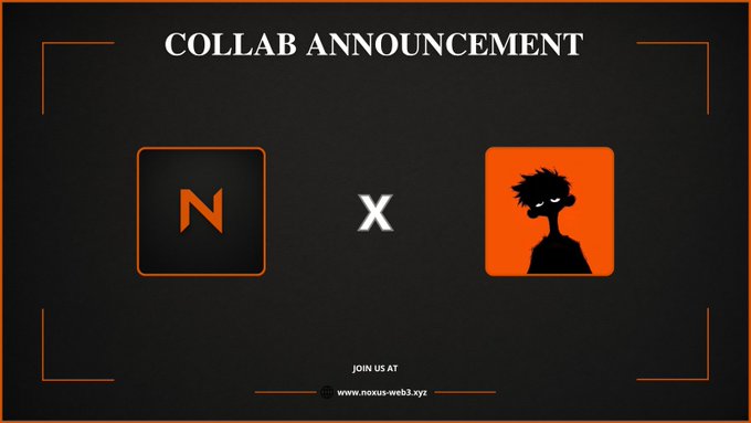 A dark 'COLLAB ANNOUNCEMENT' graphic shows the logos of Nexus and another character-based brand separated by an 'X,' with the URL www.nexus-web3.xyz at the bottom.