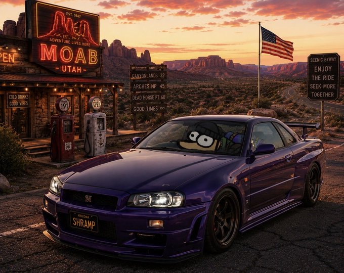 A purple Nissan Skyline GT-R R34 parked in front of a vintage 'MOAB UTAH' gas station at sunset, with an American flag and scenic byway sign visible in the desert backdrop.