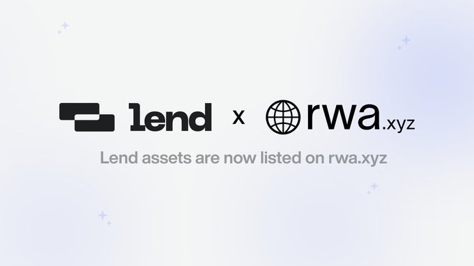 A promotional graphic announcing "lend x rwa.xyz" with the tagline "Lend assets are now listed on rwa.xyz" on a light purple gradient background.