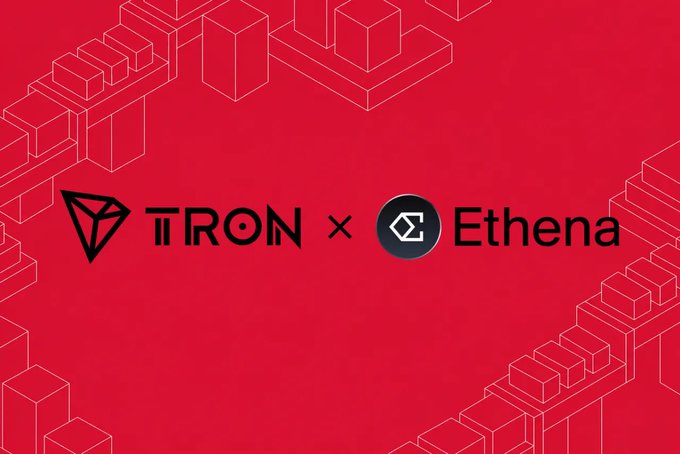 The image is a red promotional graphic announcing the partnership between TRON and Ethena, featuring the TRON logo and "Ethena" name flanking an "×" symbol, with white isometric block designs in the corners—visually representing the collaboration that brings USDe and sUSDe tokens to the TRON network.