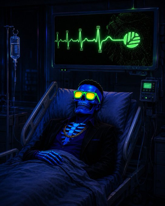Cyberpunk-style artwork of a blue skeleton wearing neon green sunglasses and a gold chain, lying in a hospital bed beneath a heart monitor displaying a flatline.