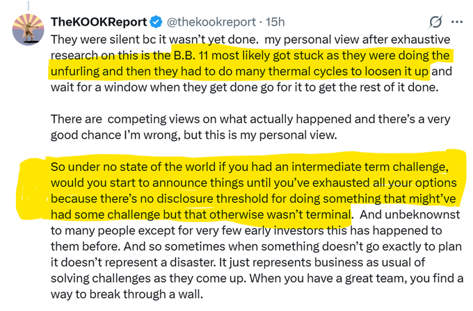 A tweet from TheKOOKReport (@thekookreport) discussing the B.B. 11 Starship flight, noting that the 'unfurling and then they had to do many thermal cycles to loosen it up' likely got stuck, and questioning premature announcements of challenges.