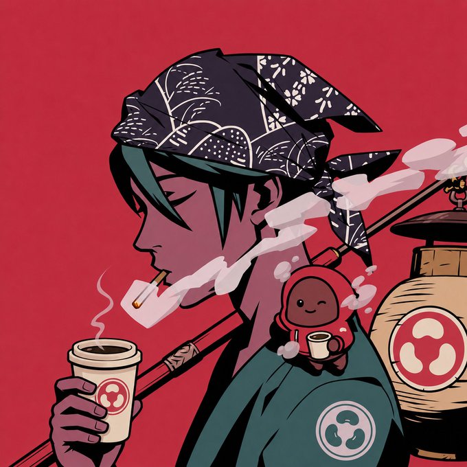 An anime-style illustration shows a character with green hair and a patterned black bandana smoking, holding a coffee cup with a logo, with a small, smiling brown creature on their shoulder and a lantern beside them.