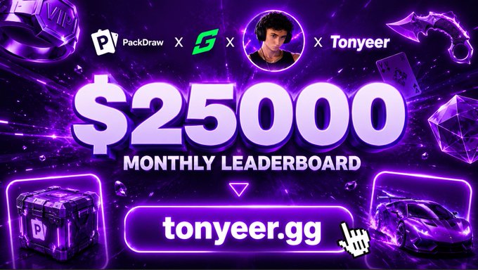 A promotional banner announces a "$25000 MONTHLY LEADERBOARD" featuring PackDraw, gamba.com, and Tonyeer, directing viewers to tonyeer.gg with a clickable link, showcasing a luxury car, diamond, and treasure chest against a purple background to represent the prizes highlighted in the post.