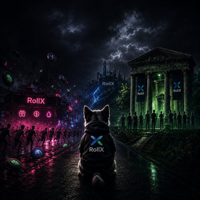 A stylized dark fantasy image featuring a cat in a hoodie with the 'RollX' logo on its back, looking toward a cyberpunk cityscape with neon signs and a classical building displaying 'RollX' banners.