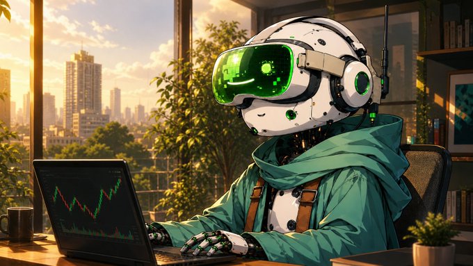 Illustration of a robot with a green visor wearing a hoodie, sitting at a desk and typing on a laptop displaying a stock chart, with a cityscape view in the background.