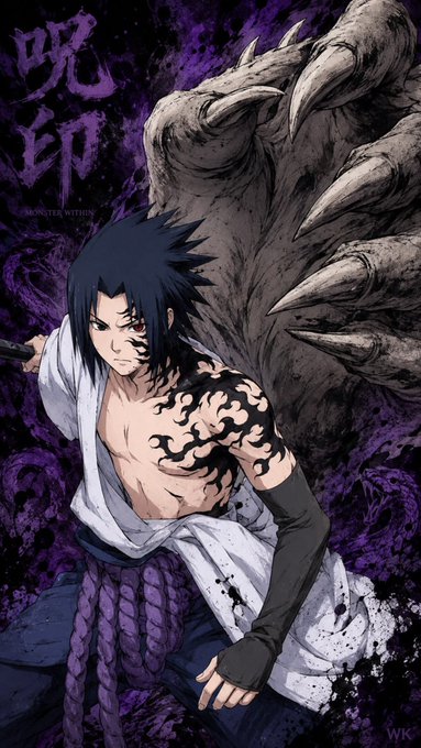 Anime artwork featuring a dark-haired character with black flame-like tattoos and a large clawed hand behind him, with the title '呪印 MONSTER WITHIN'.