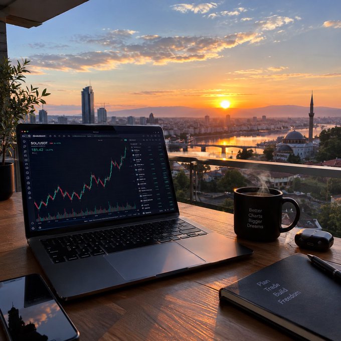 A laptop displaying a trading chart (SOL/USDT) sits on a wooden desk next to a black mug reading 'Better Charts Bigger Dreams' and a notebook labeled 'Plan Trade Build Freedom', with a sunset cityscape behind it.