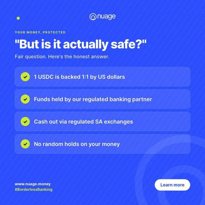 A blue promotional graphic for 'nuage' asks 'But is it actually safe?' and lists bullet points including '1 USDC is backed 1:1 by US dollars' and 'Funds held by our regulated banking partner,' with the website www.nuage.money.