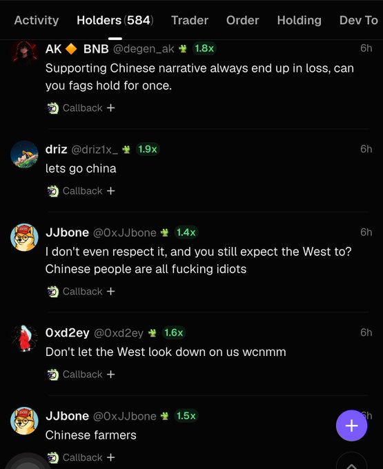 A screenshot of social media comments containing xenophobic remarks, including tweets from users @degen_ak, @driz1x_, @0xJJbone, and @0xd2ey discussing Chinese narratives and farmers.