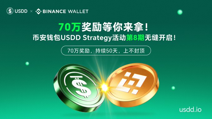 A promotional banner announces the 8th edition of the USDD Strategy Savings event by Binance Wallet, featuring a 700,000 reward pool running for 50 days with no cap, displayed alongside green USDD and gold Binance coin graphics.