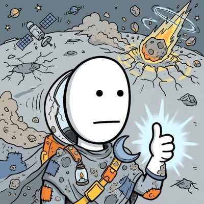 The image features a cartoon character wearing a white shirt and an orange cape, giving off a superhero vibe. The character has a sad expression as they give a thumbs up gesture with their right hand. The background of the image depicts a scene from outer space, including planets, stars, and a meteor shower.