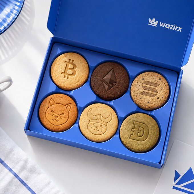 The six cookies in the blue box are labeled with different cryptocurrency symbols, including Bitcoin, Etherium, Dogecoin, Ripple, Litecoin, and Dash. The cookie that has the Bitcoin symbol on it is located at the top left corner of the box.