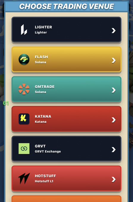 Mobile app screenshot titled 'CHOOSE TRADING VENUE' listing options including Lighter, Flash (Solana), GMTrade (Solana), Katana, GRVT Exchange, and Hotstuff L1.
