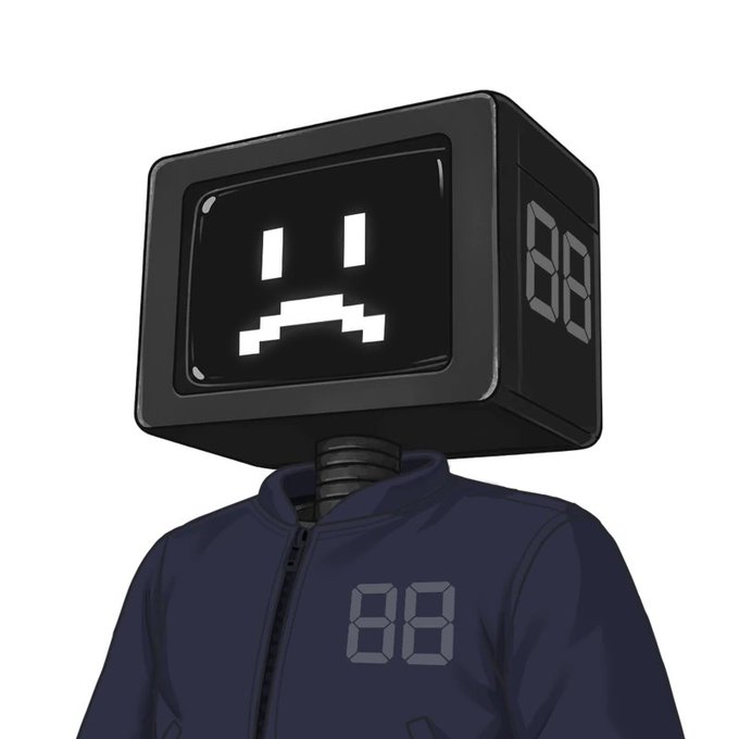 A character with a black TV/monitor head displaying a pixelated glitchy face, wearing a dark blue jacket with the number "88" in a digital LED font on the chest and side of the head, paired with a post about claiming a free mint from @arc.