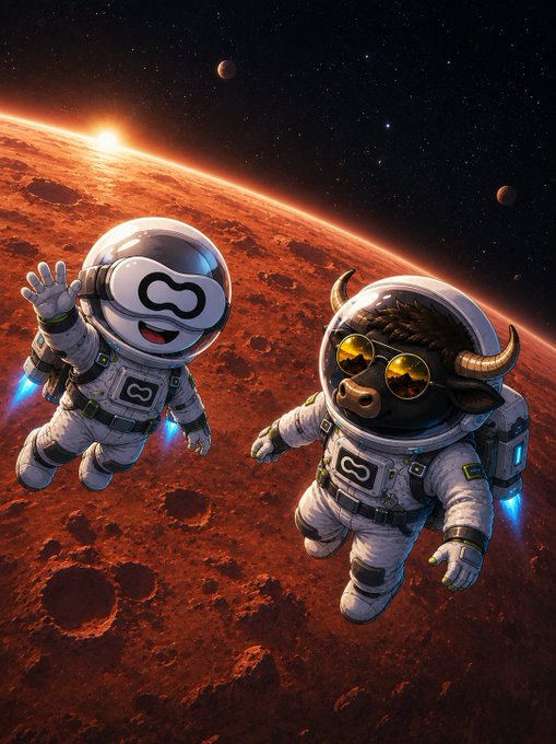 A digital illustration of two astronauts in spacesuits floating above a Mars-like red planet, with one helmet featuring an infinity symbol and the other showing a bull's face with sunglasses.
