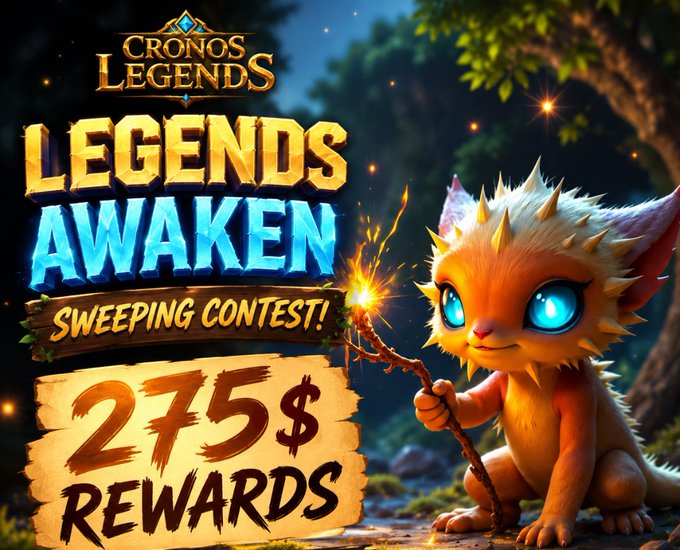 A promotional graphic for 'CRONOS LEGENDS' advertising a 'LEGENDS AWAKEN SWEEPING CONTEST!' with '$275 REWARDS', featuring a cartoon fantasy creature holding a glowing staff.