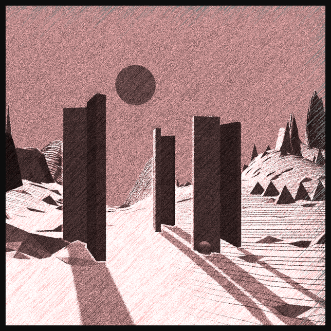 A digital illustration of a surreal landscape featuring dark monolithic structures under a large dark celestial body, with a pinkish grainy sky.