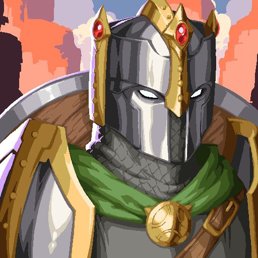 A pixel art illustration of a knight wearing a dark helmet with a gold crown adorned with red gems, a green scarf, and armor against a city backdrop.